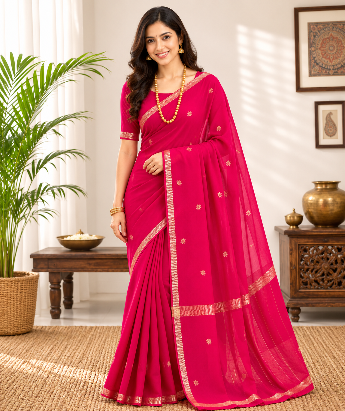 Maheshwari Cotton Saree in Rani pink