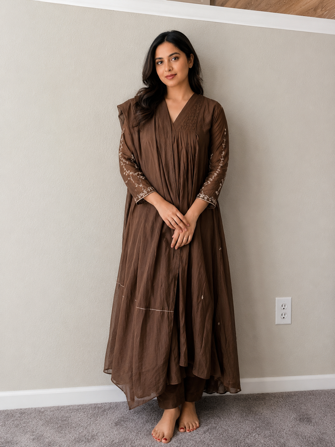 Mulchanderi A-line coffee brown dress set