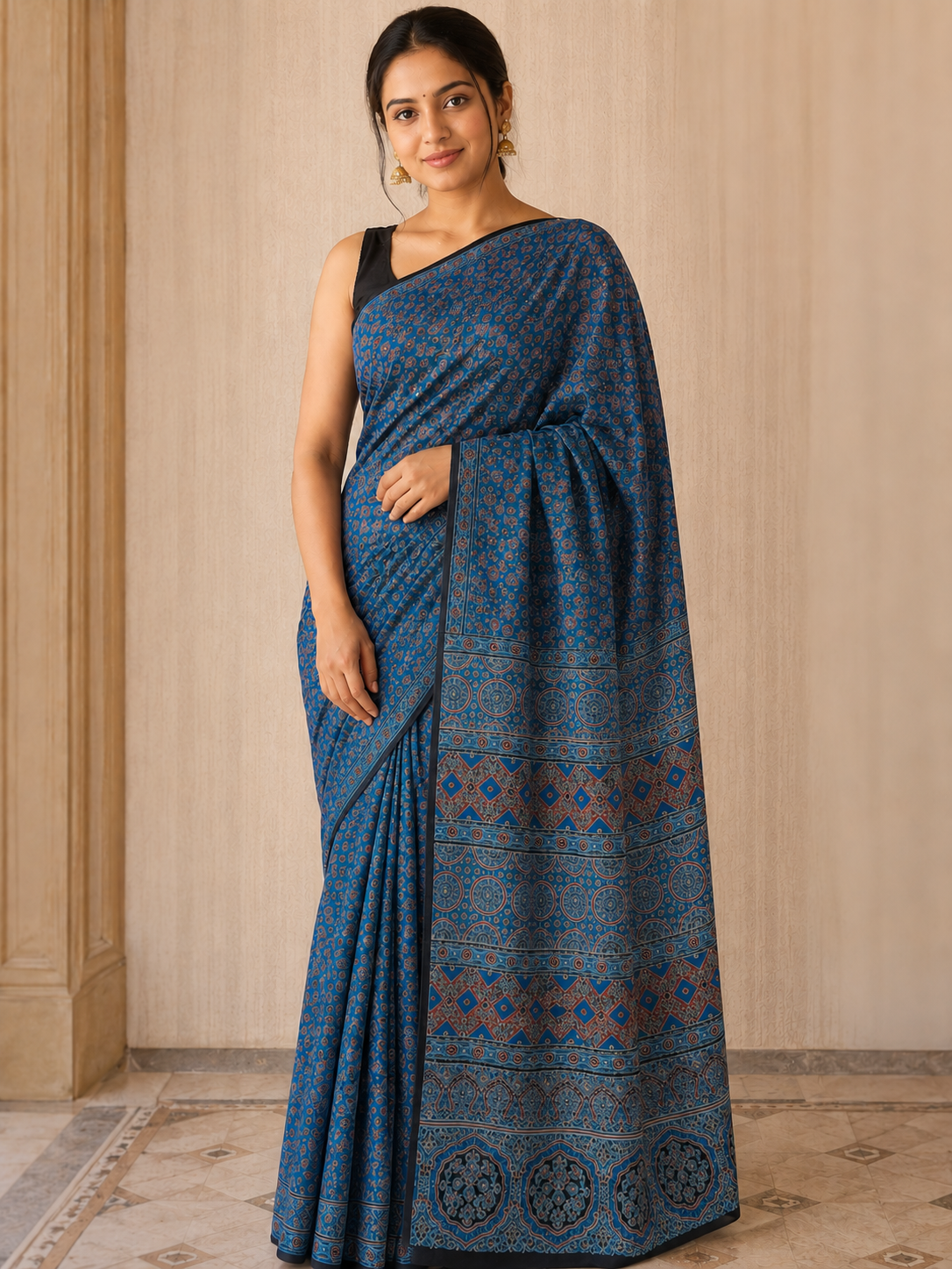 Modal Ajrakh saree without ladti patta  blue