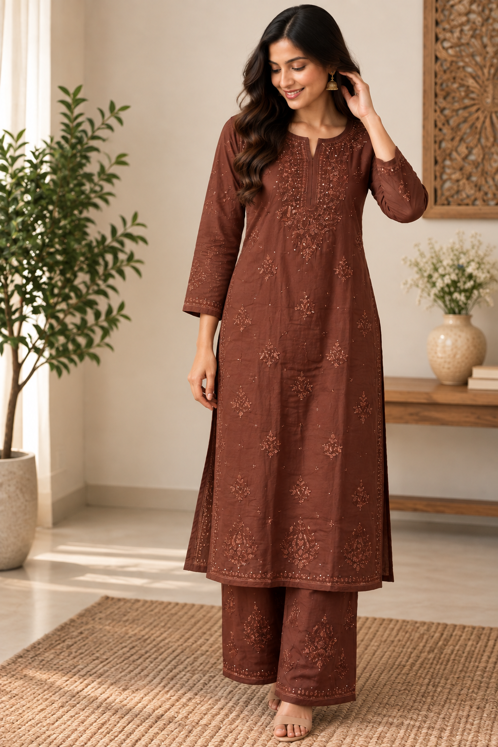 Mukaish lucknowi chikankari handwork rayon set