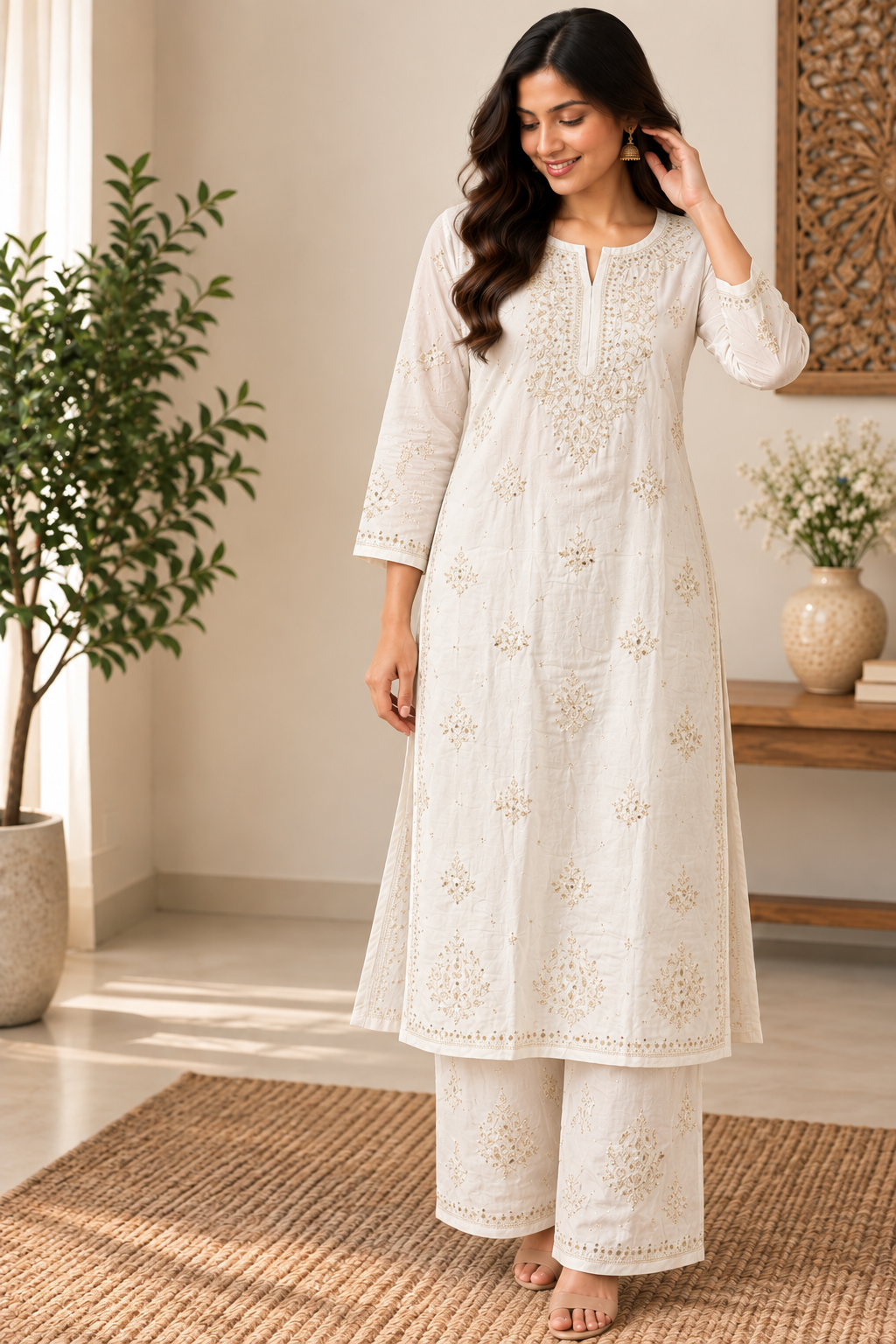 Mukaish lucknowi chikankari handwork rayon set