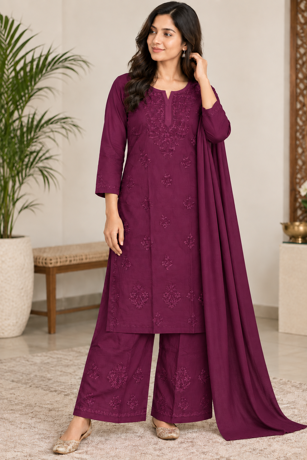 lucknowi chikanakri handworked rayon plazzo duptta set