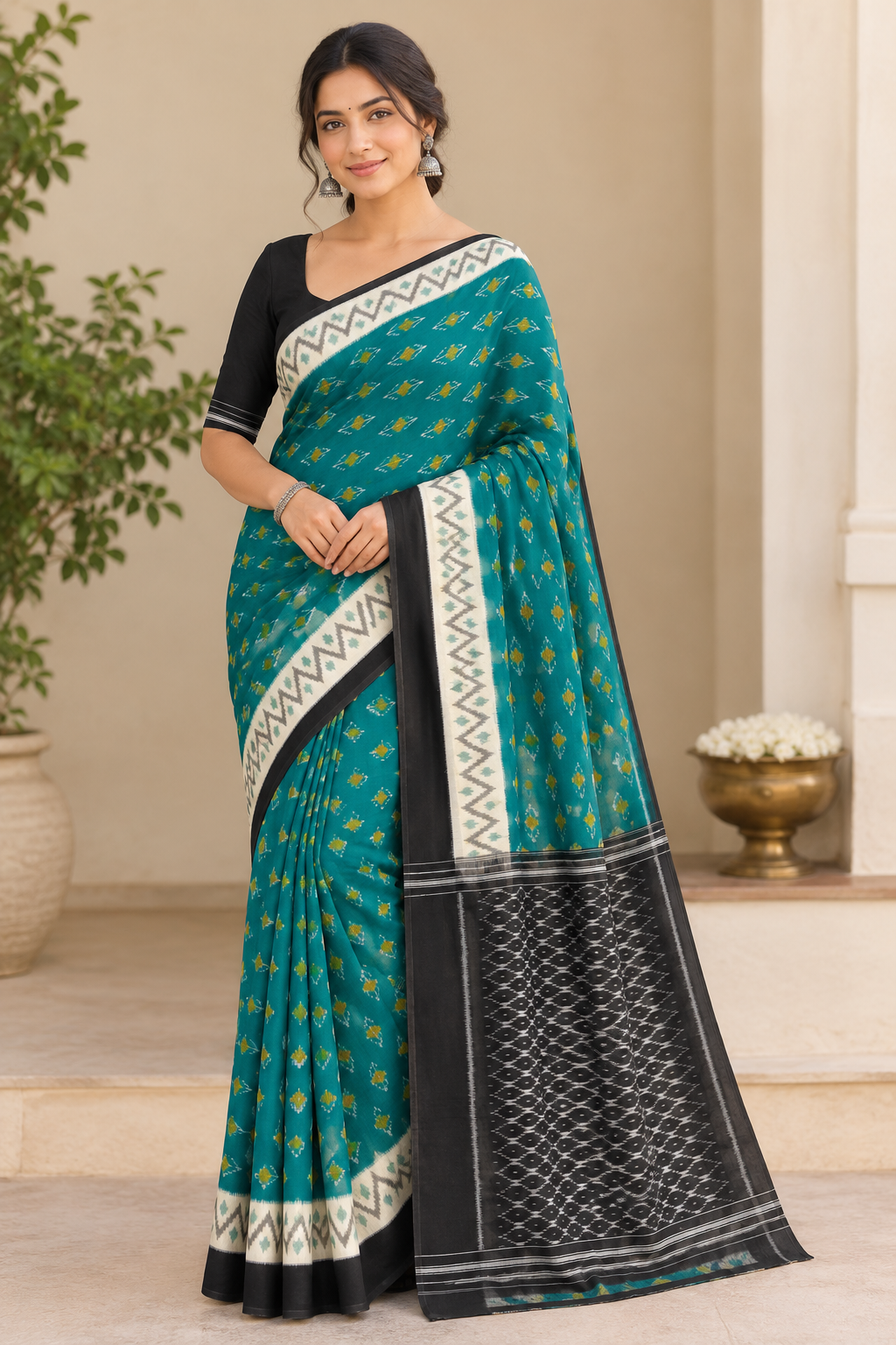 Handloom cotton pochampalli ikkat hand weaved saree teal blue with patola border