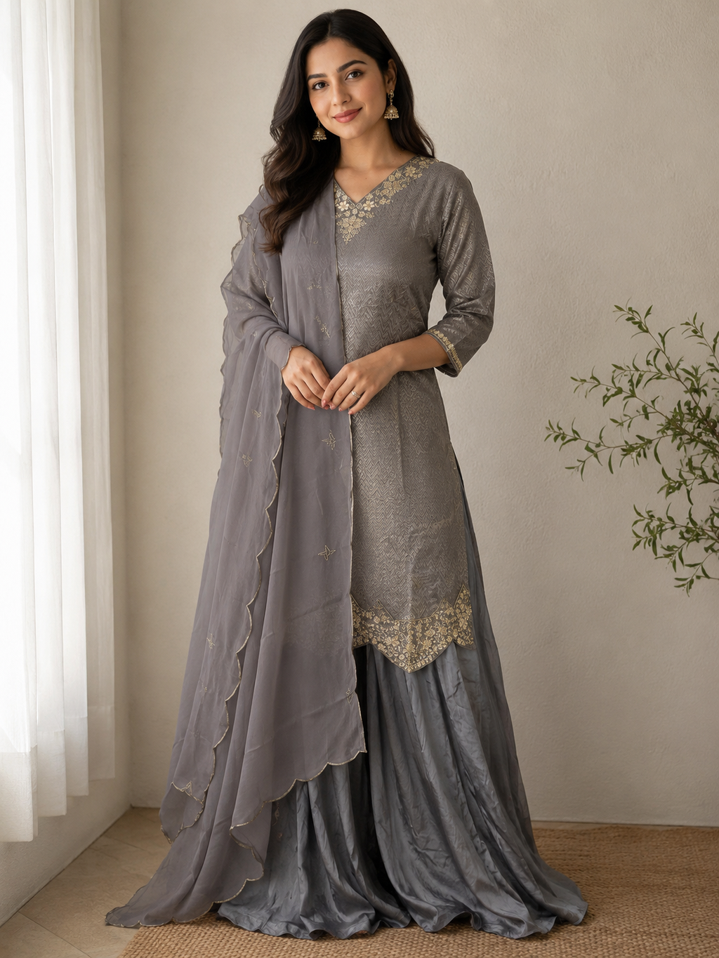 Grey Jacquard Plazzo Set