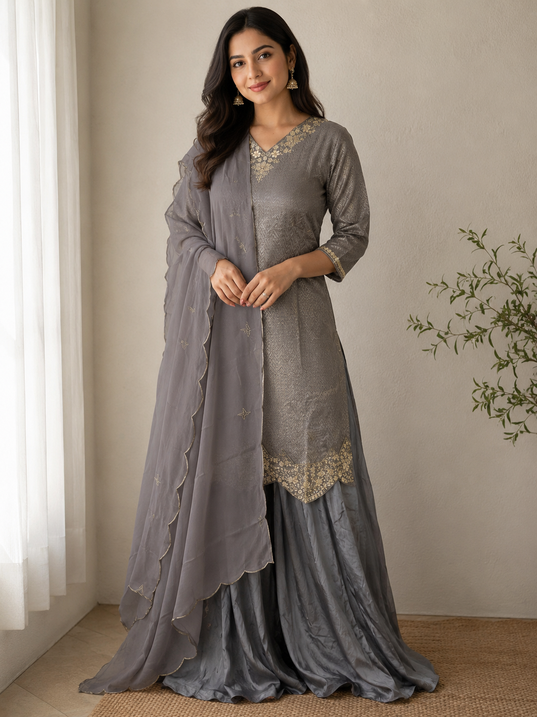 Grey Jacquard Plazzo Set