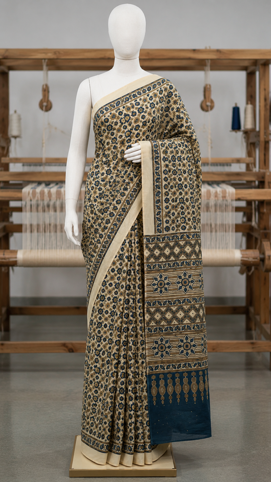 Modal Ajrakh saree without ladti patta  Ivory.
