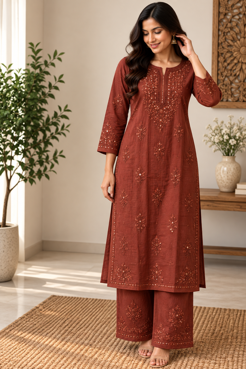 Mukaish lucknowi chikankari handwork rayon set