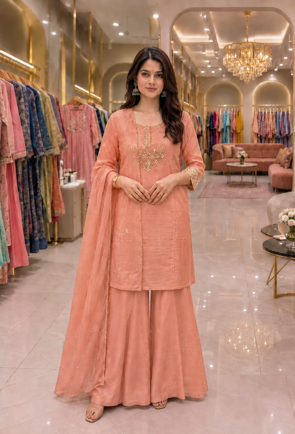 Peach Tissue Silk Handwork Plazzo Set