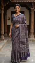 Modal Ajrakh saree without ladti patta  black