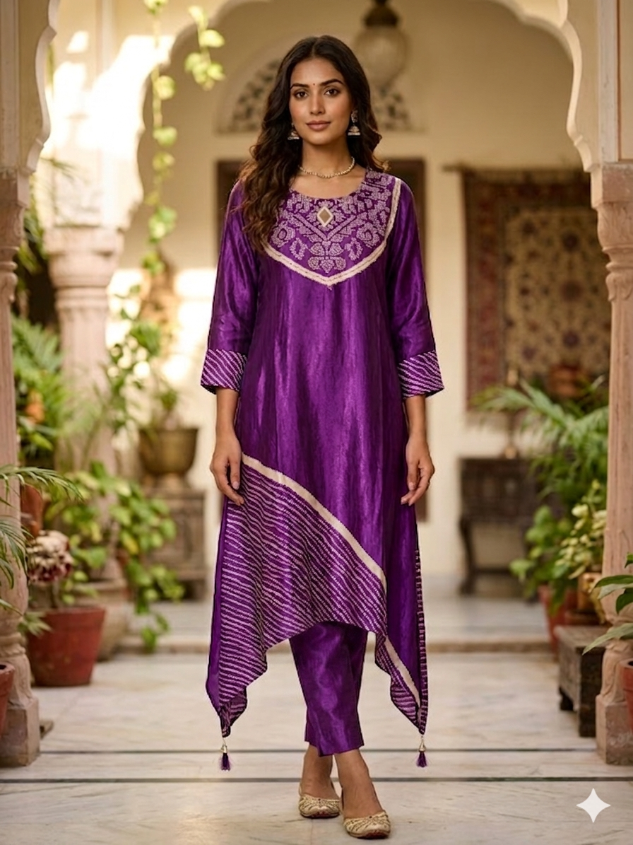 Puple Silk Bandhni coordset