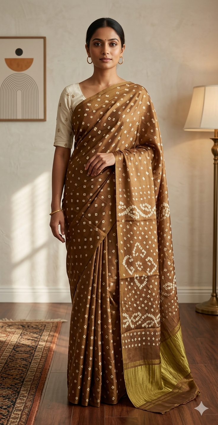 Pure Modal Rai Bandhej in golden brown