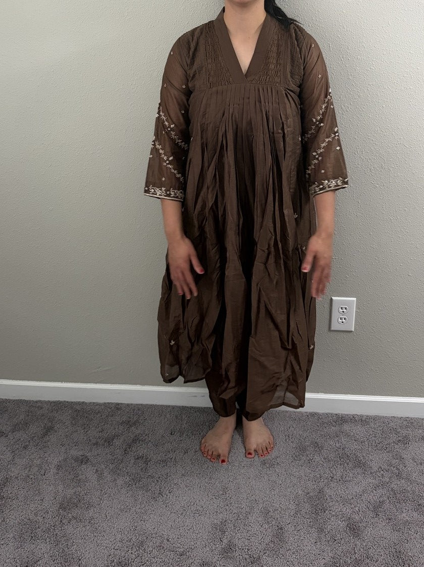 Mulchanderi A-line coffee brown dress set