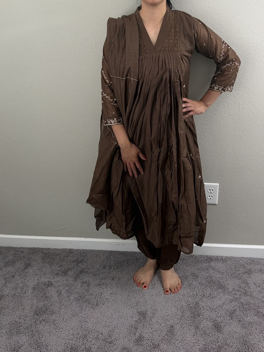 Mulchanderi A-line coffee brown dress set