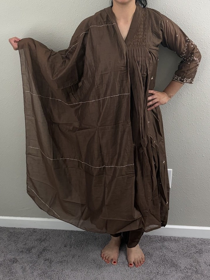 Mulchanderi A-line coffee brown dress set