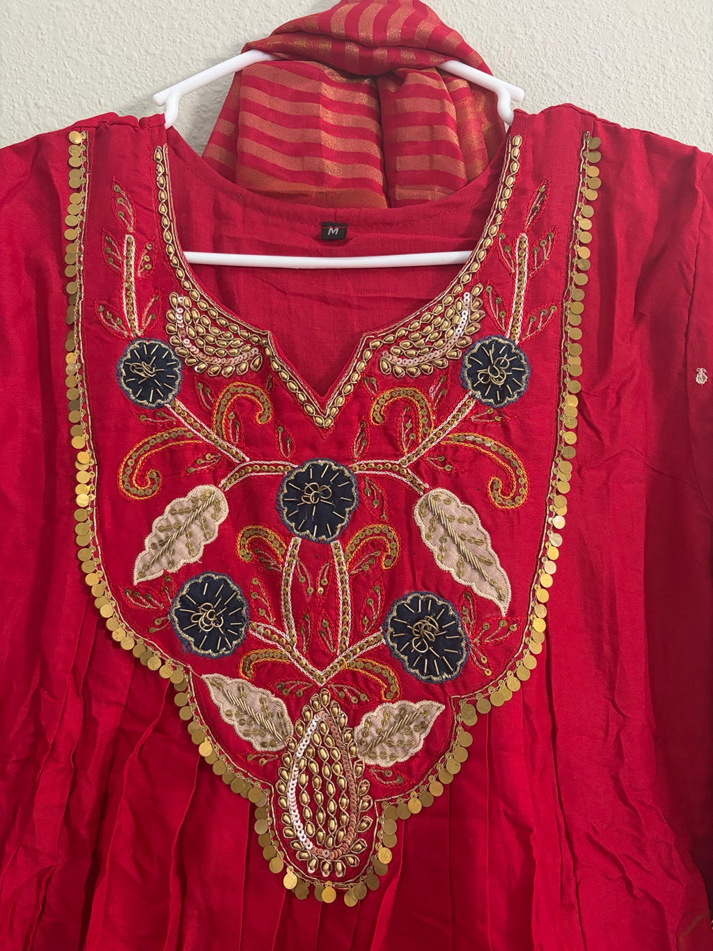 Mul Chanderi Handwork Dress Set in Red