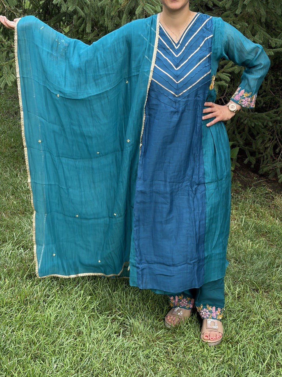 Dual-Tone Mul Chanderi Dress Set