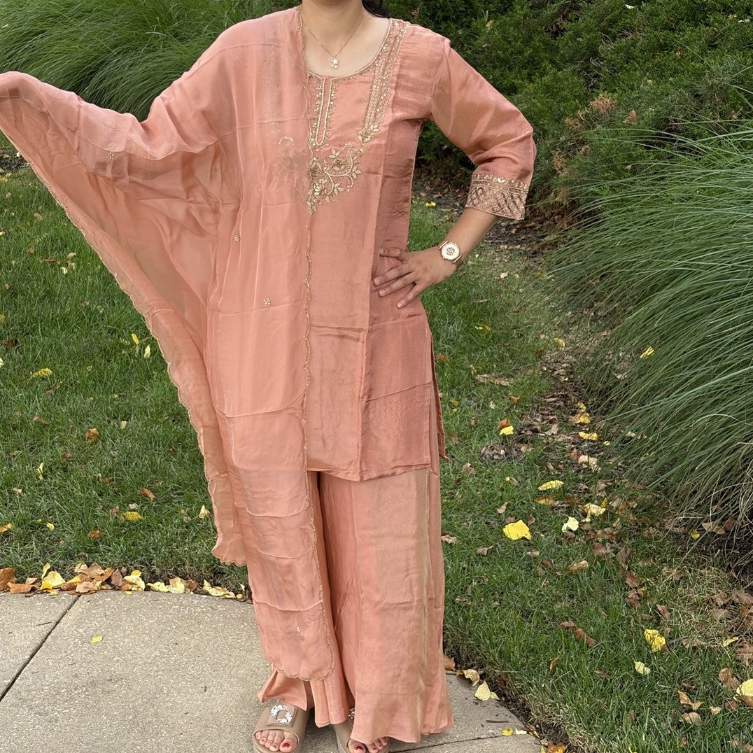 Peach Tissue Silk Handwork Plazzo Set