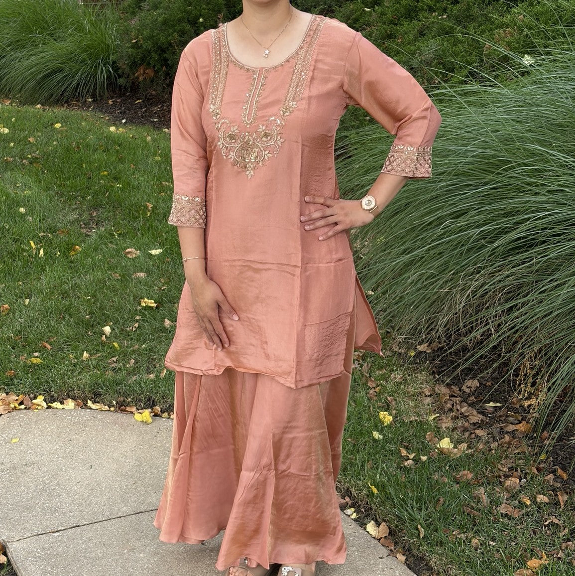 Peach Tissue Silk Handwork Plazzo Set