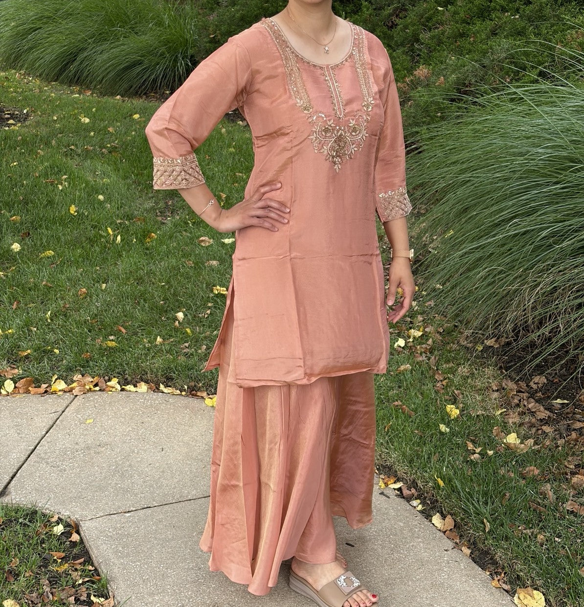 Peach Tissue Silk Handwork Plazzo Set