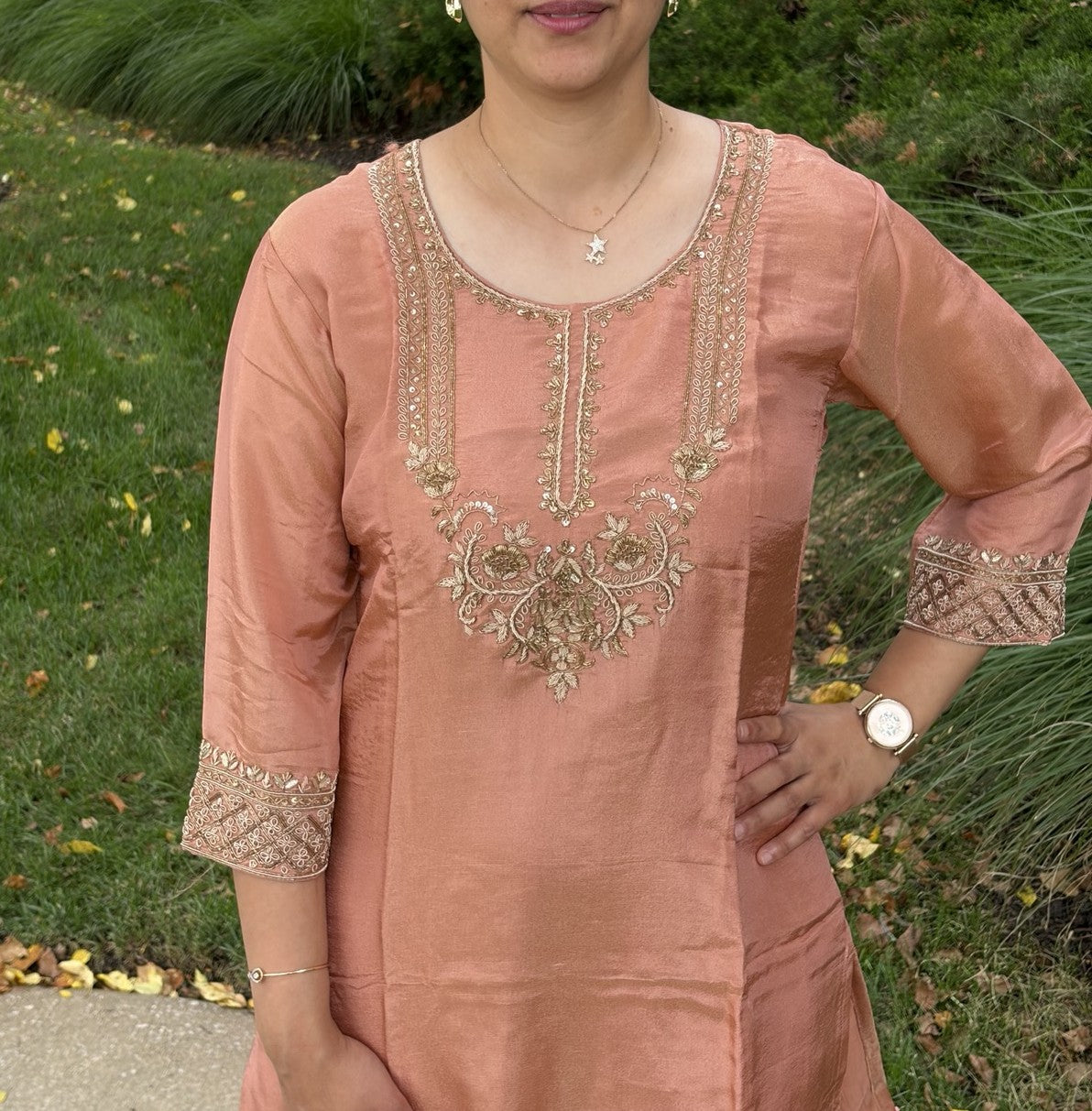 Peach Tissue Silk Handwork Plazzo Set