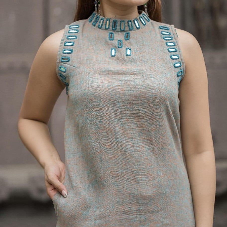 Pure Linen Cotton with halter real mirror neck Coordset