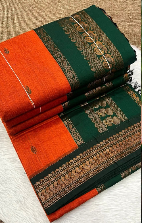 Cotton Gadwal Kalyani saree in Orange with green