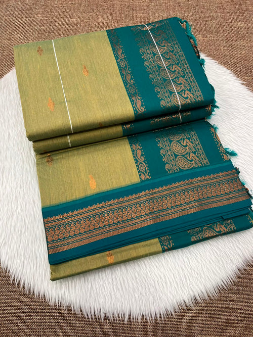 Cotton Gadwal Kalyani Saree in ivory and teal blue