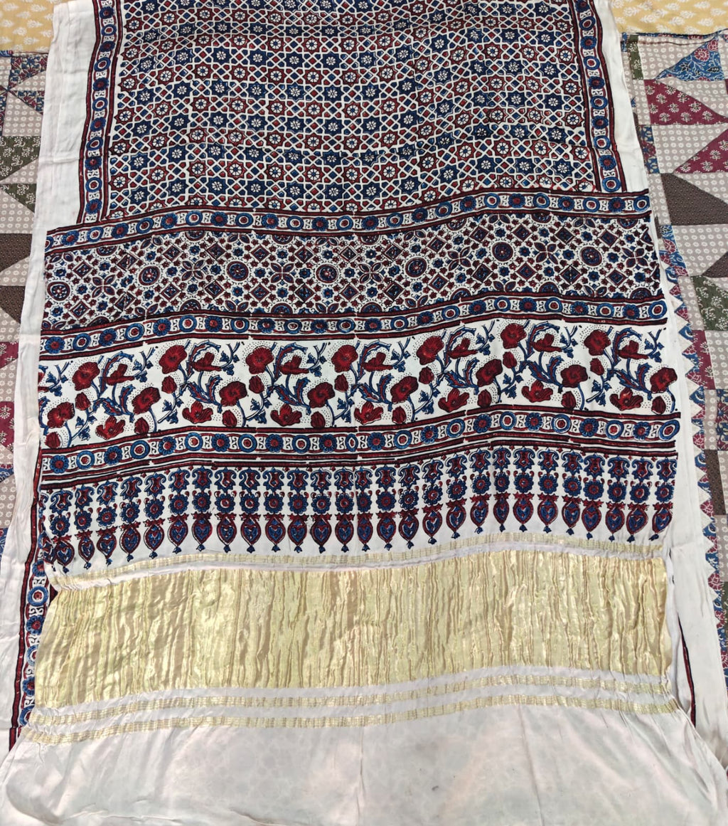 Beige Ajrakh modal silk saree handblock print detail - Maatruu