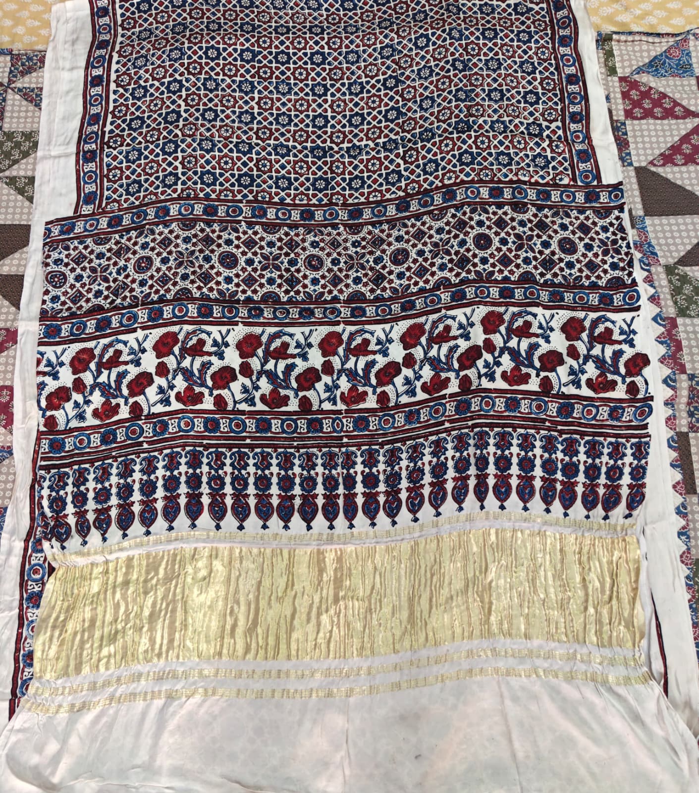 Beige Ajrakh modal silk saree handblock print detail - Maatruu