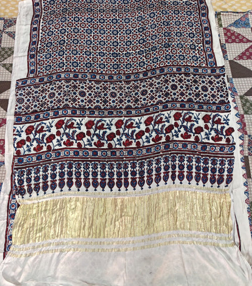 Beige Ajrakh modal silk saree handblock print detail - Maatruu