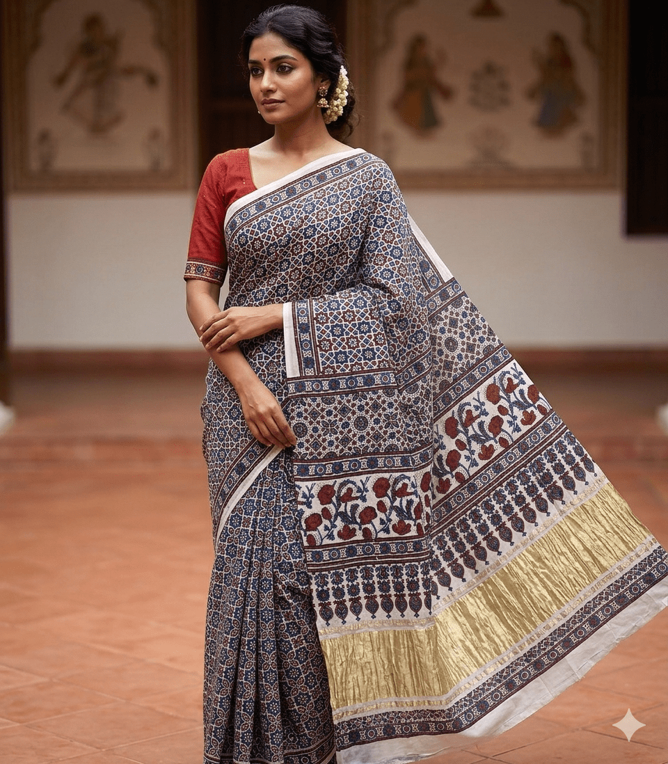 Ajrakh handblock modal silk saree in beige with lagdipatta - Maatruu