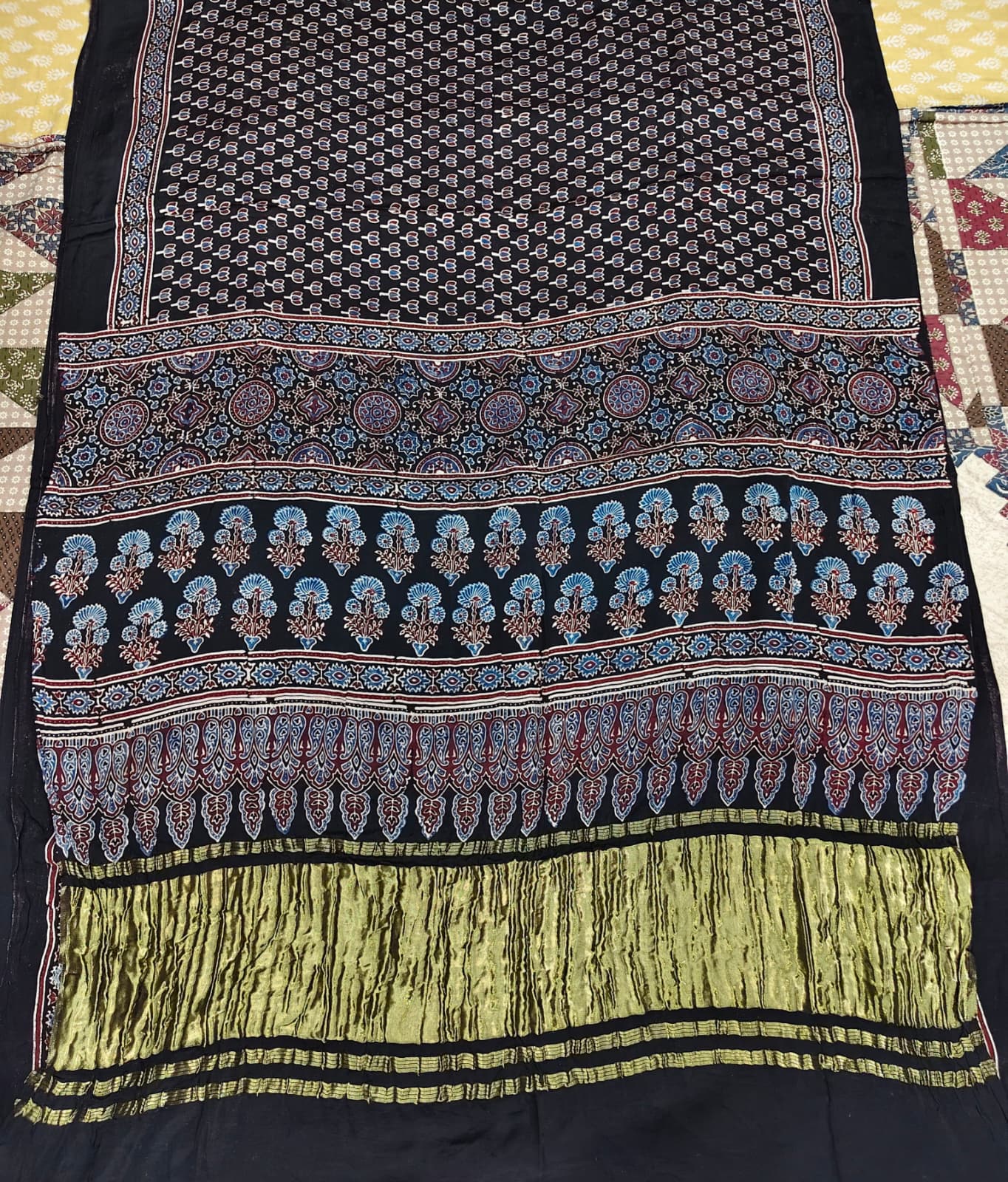 Black Ajrakh modal silk saree alternate design lagdipatta - Maatruu