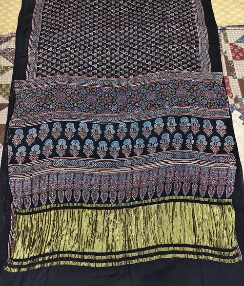 Black Ajrakh modal silk saree alternate design lagdipatta - Maatruu