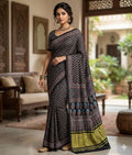 Ajrakh handblock modal silk saree in black design 2 with lagdipatta - Maatruu
