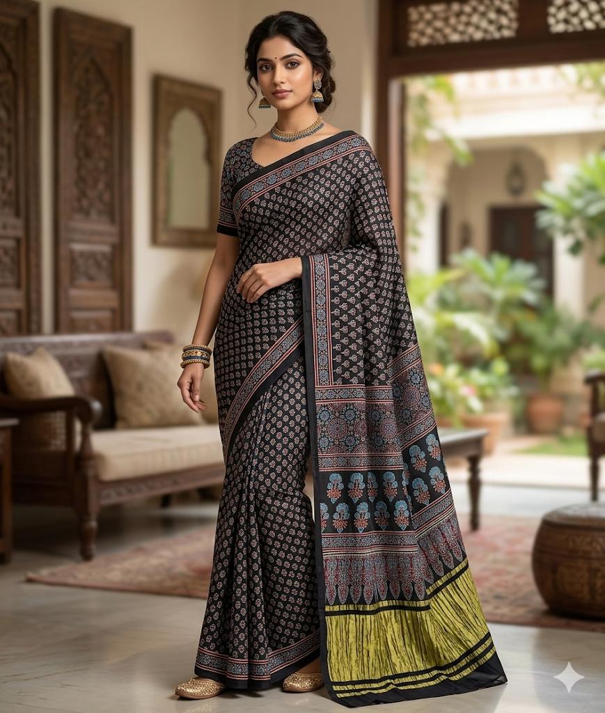 Ajrakh handblock modal silk saree in black design 2 with lagdipatta - Maatruu