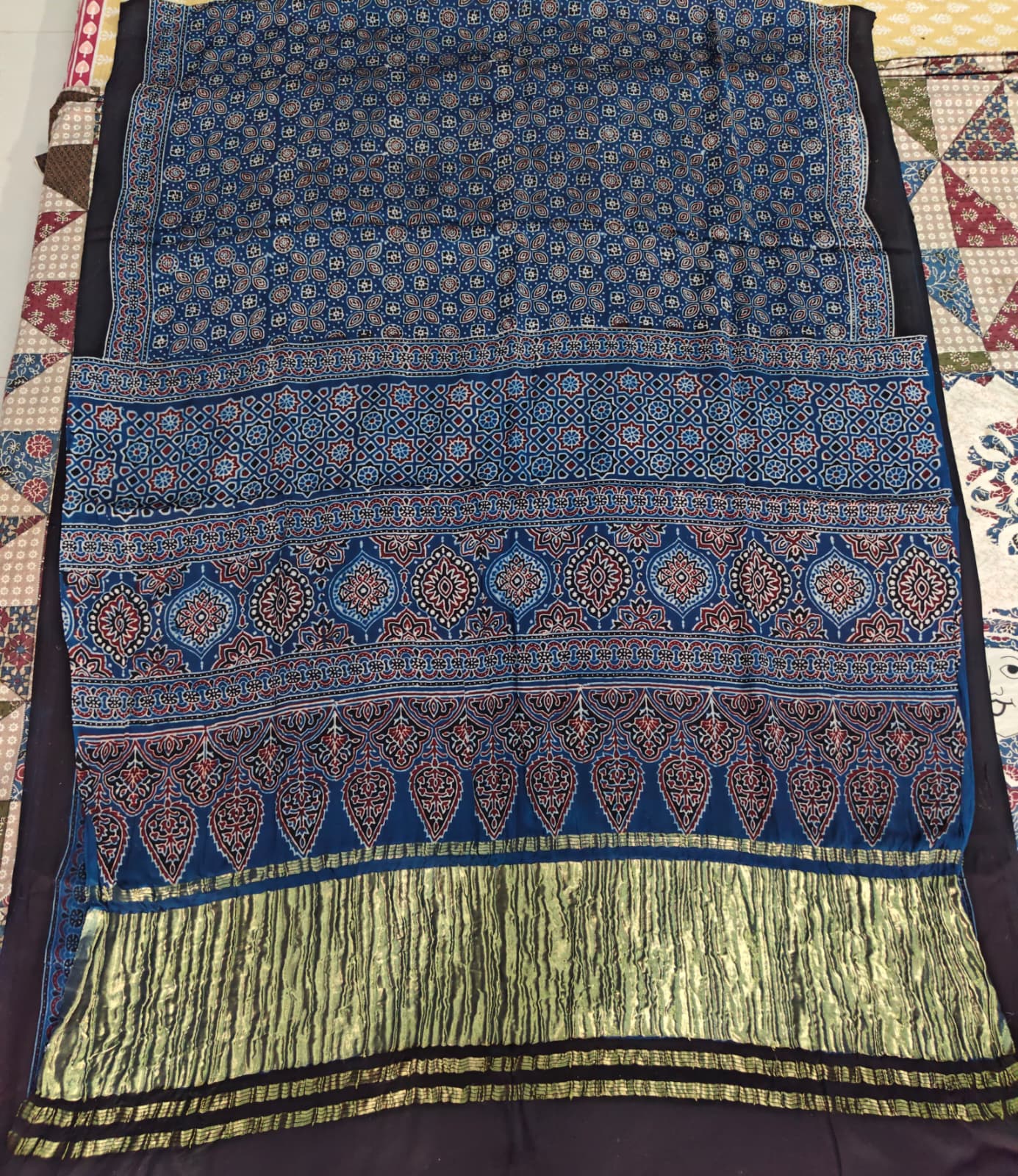 Blue Ajrakh modal silk saree lagdipatta detail - Maatruu