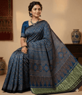 Ajrakh handblock modal silk saree in blue with lagdipatta - Maatruu