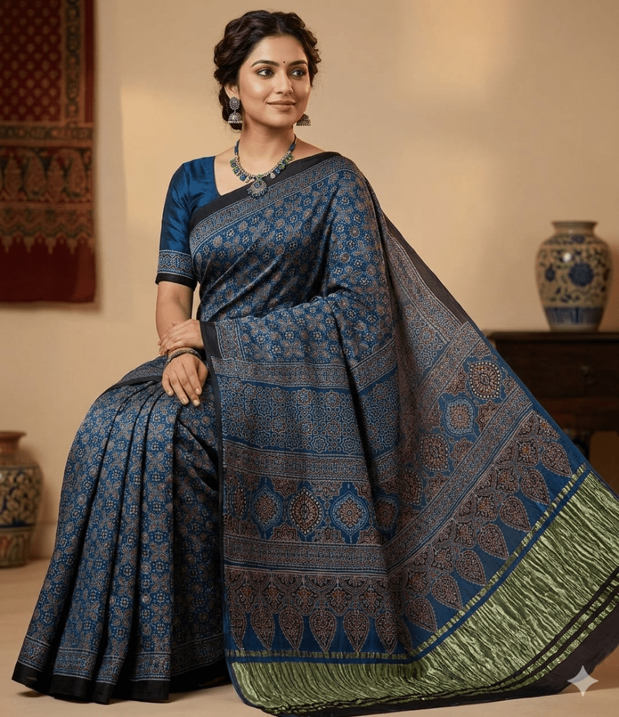 Ajrakh handblock modal silk saree in blue with lagdipatta - Maatruu