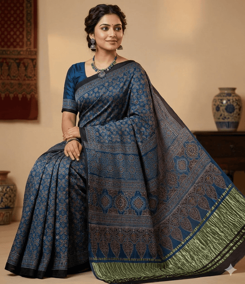Ajrakh handblock modal silk saree in blue with lagdipatta - Maatruu