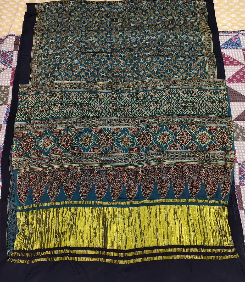 Green Ajrakh modal silk saree lagdipatta border - Maatruu