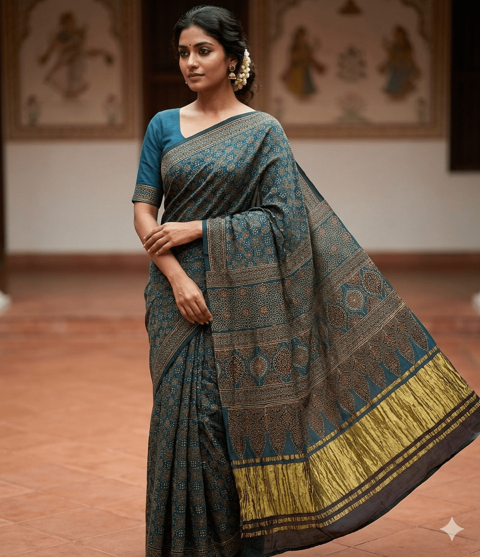 Ajrakh handblock modal silk saree in green with lagdipatta - Maatruu
