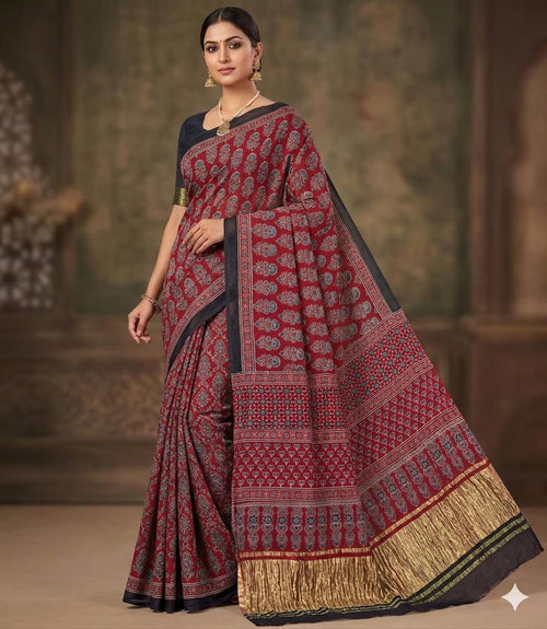 Ajrakh handblock modal silk saree in red with lagdipatta - Maatruu