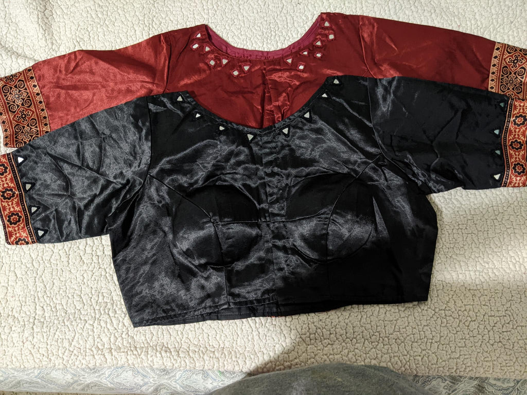 Real mirror work Ajrakh blouse styling - Maatruu