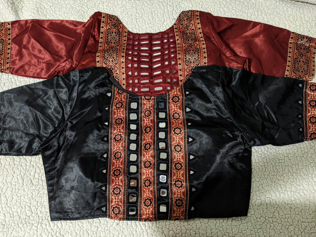 Ajrakh handblock modal silk blouse with real mirror work design 1 - Maatruu