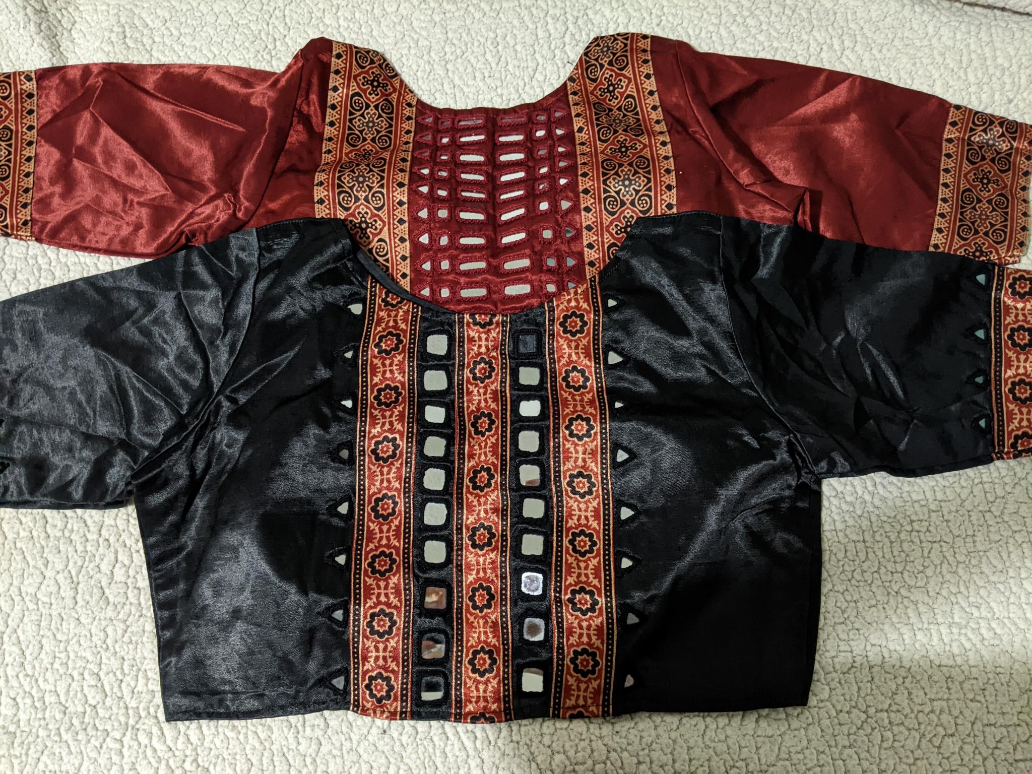 Ajrakh handblock modal silk blouse with real mirror work design 1 - Maatruu