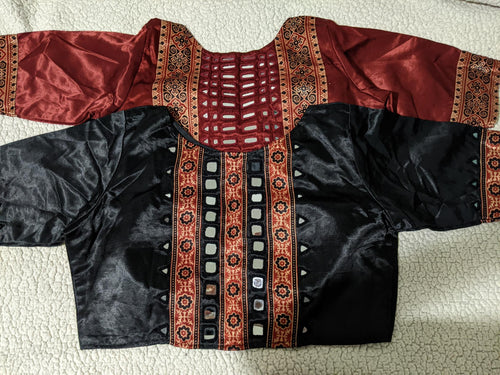 Ajrakh handblock modal silk blouse with real mirror work design 1 - Maatruu