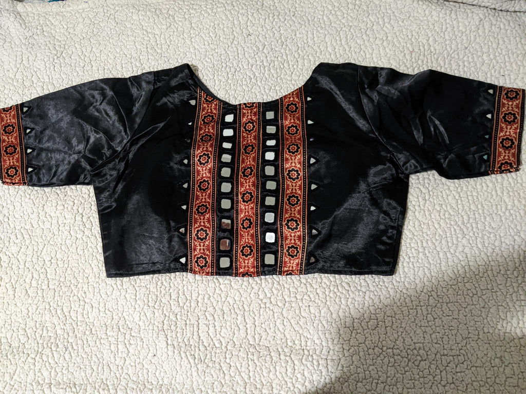 Modal silk Ajrakh blouse mirror work close up - Maatruu