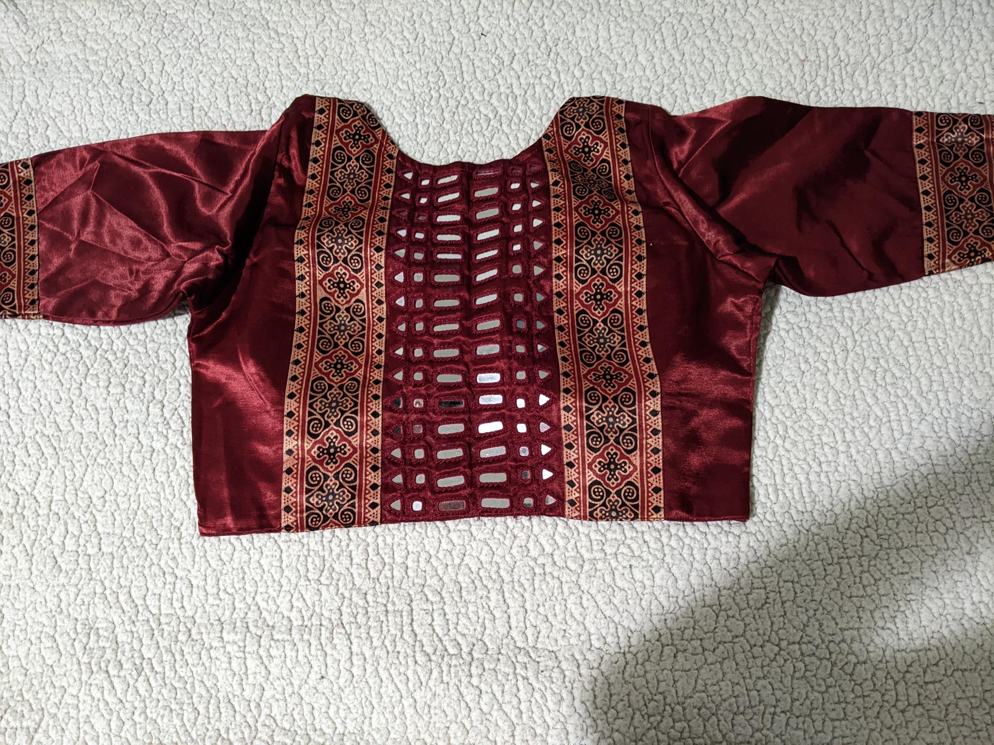 Handcrafted Ajrakh blouse with mirror embellishment - Maatruu