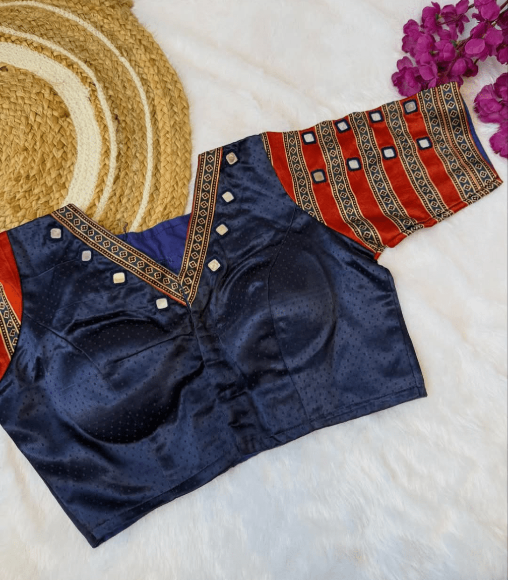 Ajrakh handblock modal silk blouse with mirror work design 2 - Maatruu