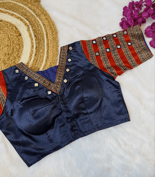 Ajrakh handblock modal silk blouse with mirror work design 2 - Maatruu
